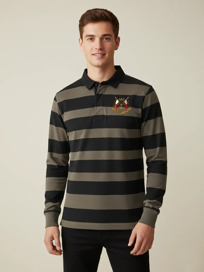 Louis Vicaci Long Sleeve Polo Shirt For Men-Brown with Black Stripe-BR897