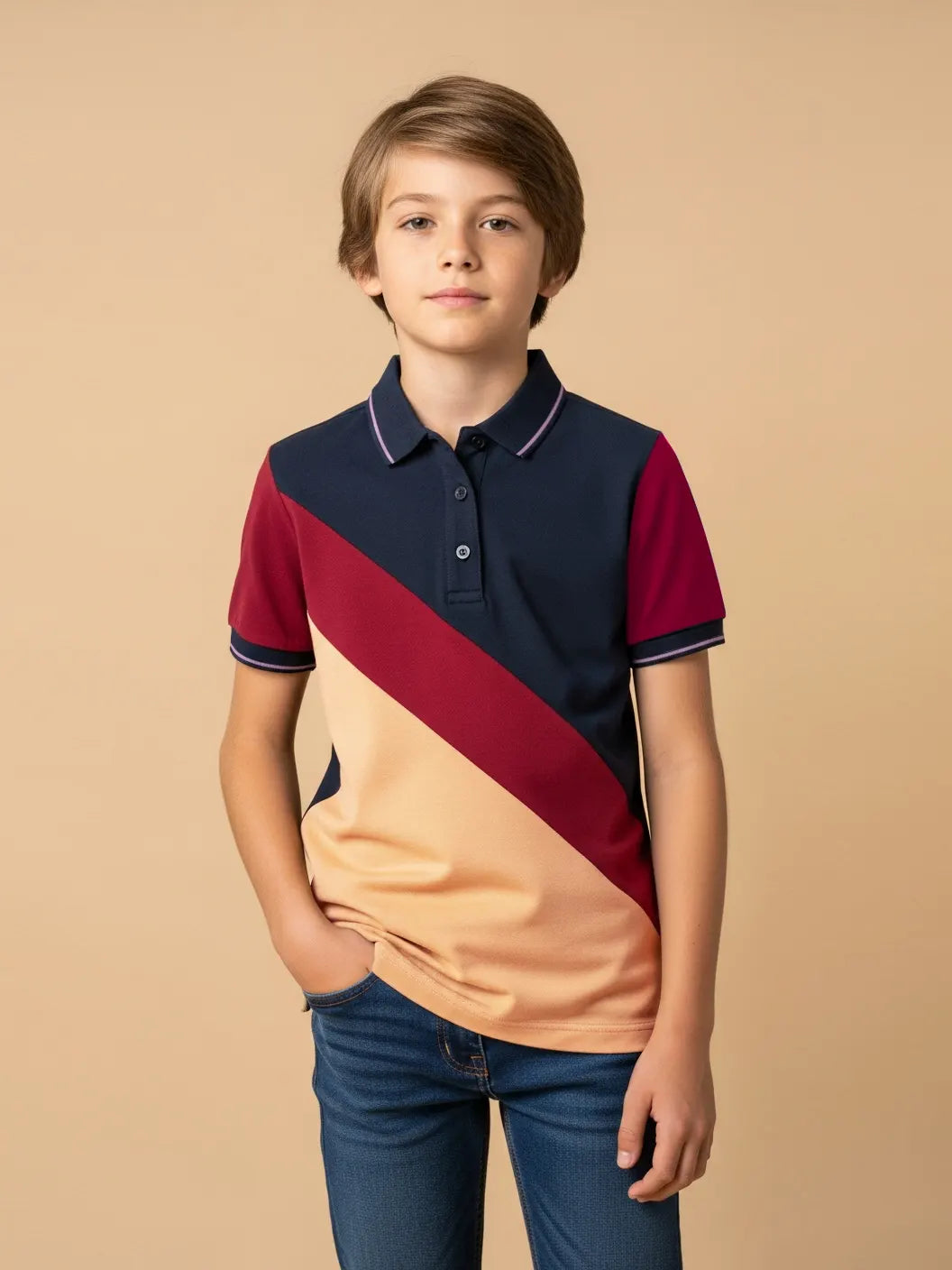 Summer Panel Polo Shirt For Kids-Peach with Red & Navy-SP1697/RT2408