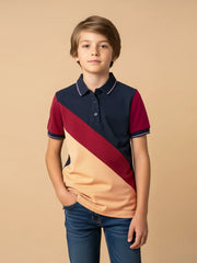 Summer Panel Polo Shirt For Kids-Peach with Red & Navy-SP1697/RT2408