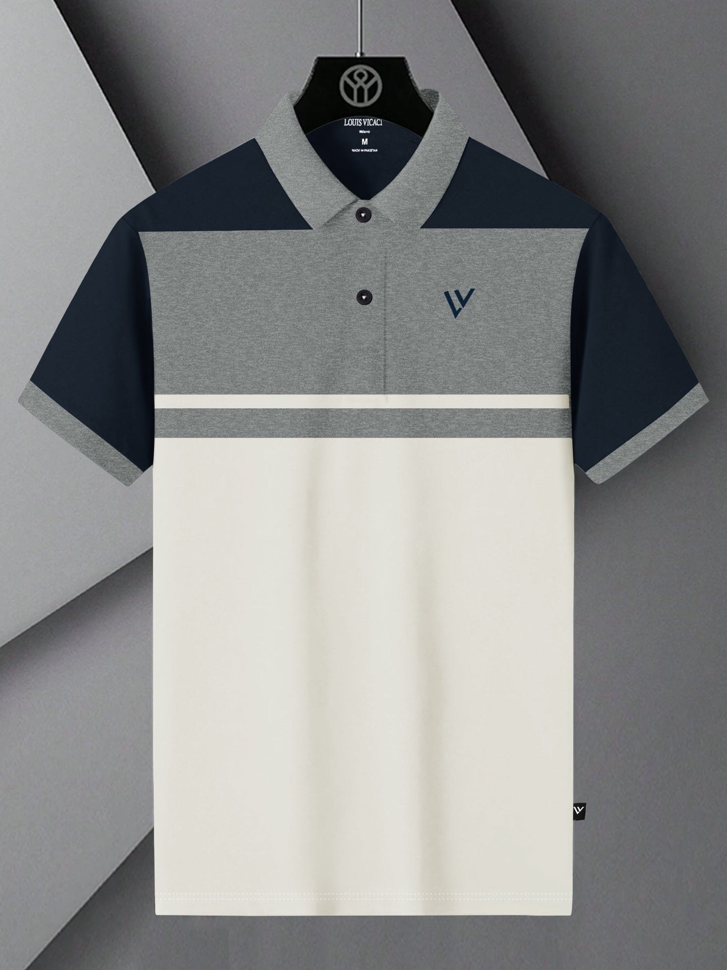 LV Summer Polo Shirt For Men-Off White with Grey & Navy-SP1587/RT2382
