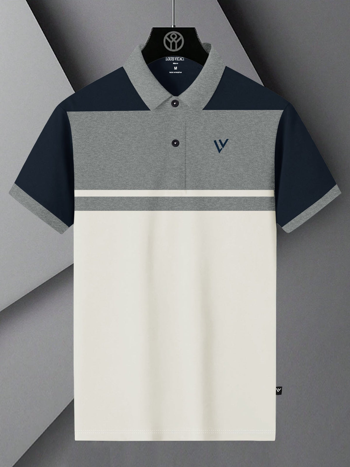 LV Summer Polo Shirt For Men-Off White with Grey & Navy-SP1587/RT2382