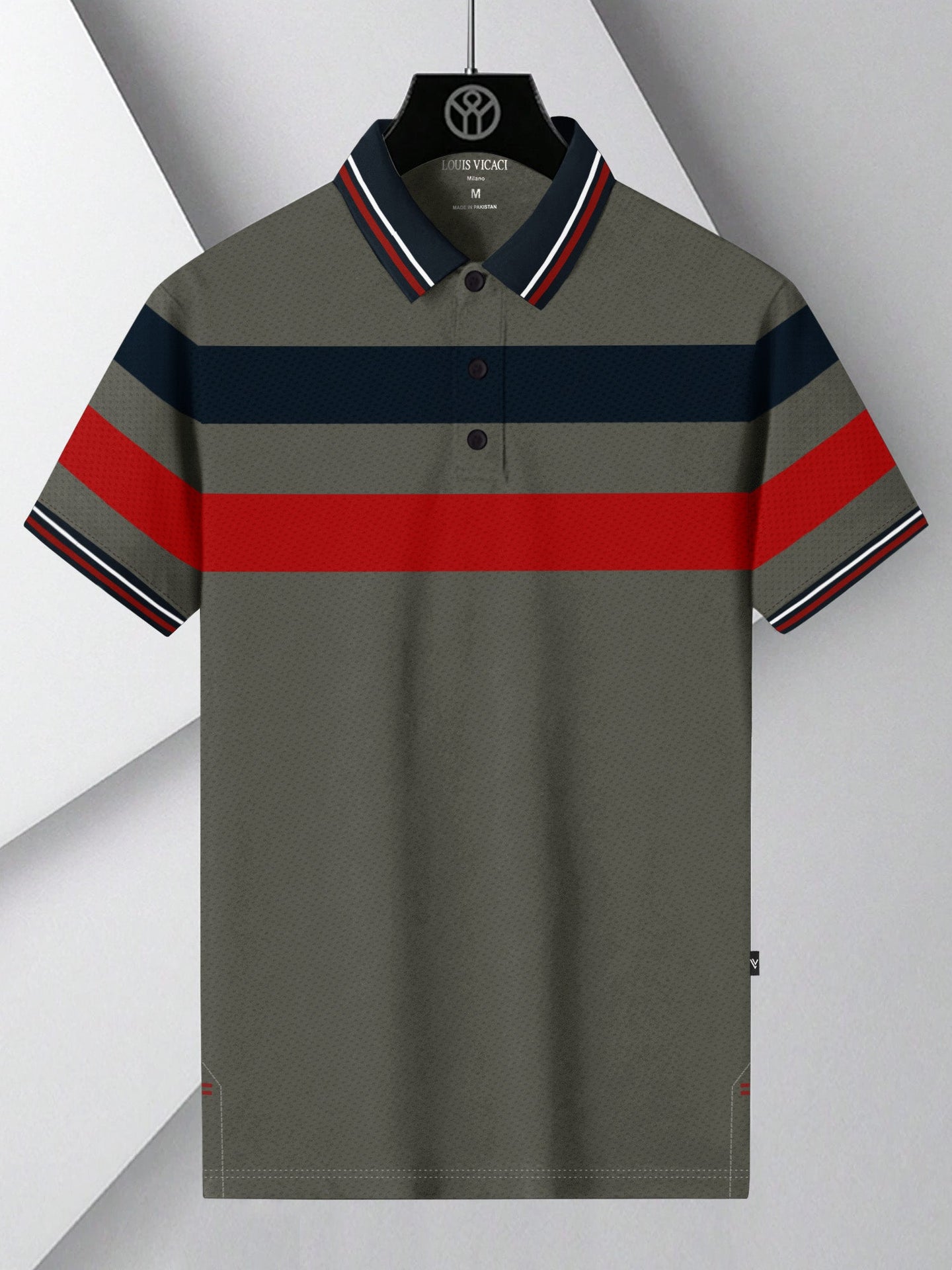 LV Summer Dry Fit Polo Shirt For Men-Grey with Red & Navy Panels-SP2865/RT2541