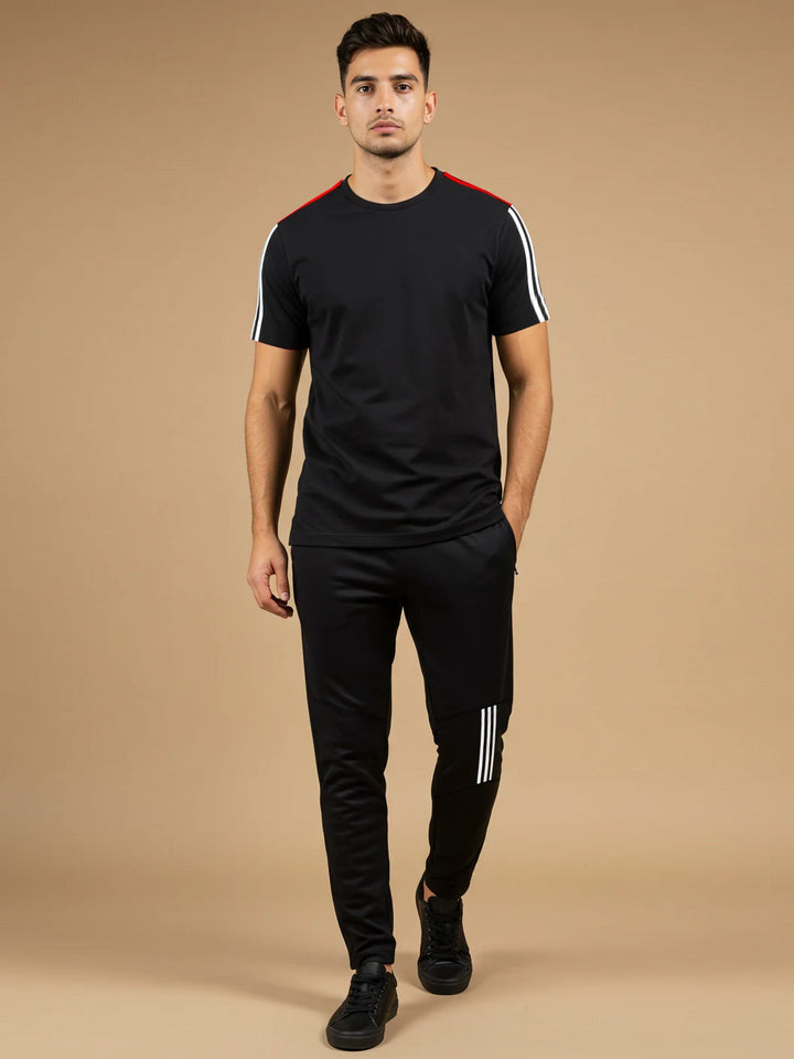 Louis Vicaci Summer Active Wear Tracksuit For Men-Black with white & Red Stripes-SP1953/RT2492