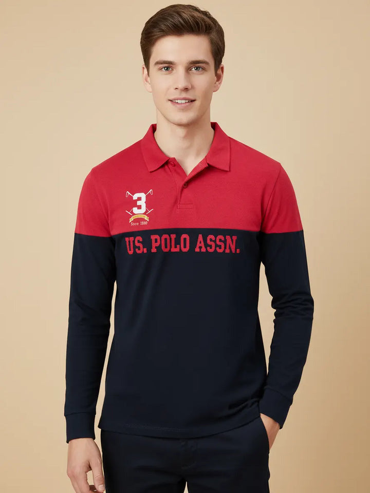 U.S.P.A Long Sleeve Polo Shirt For Men-Dark Pink & Navy-SP6448