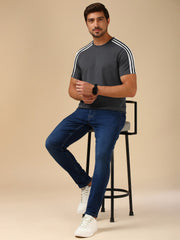 Summer Fashion T Shirt For Men-Grey with White & Black Stripe-BE3290/BR15728