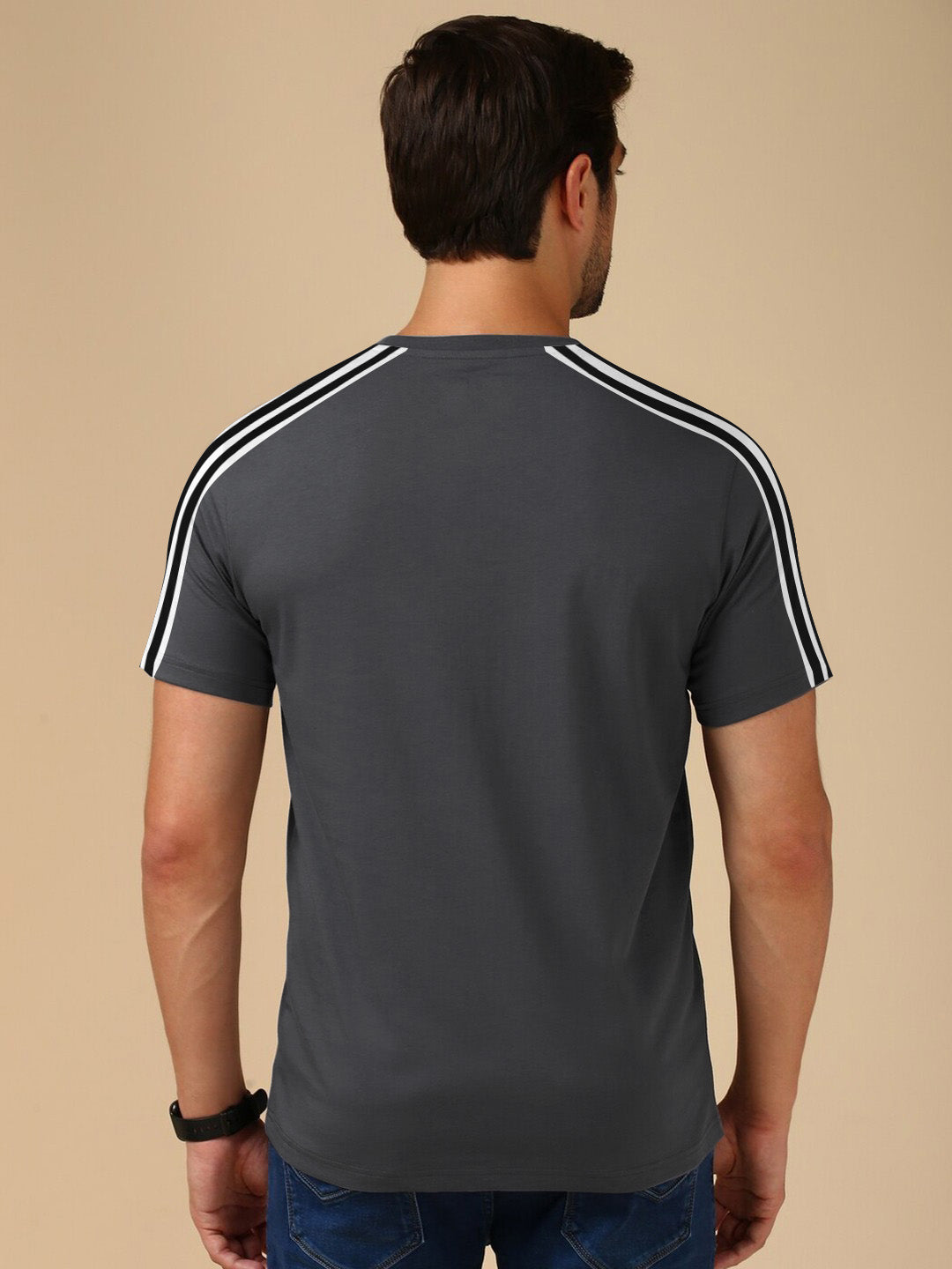 Summer Fashion T Shirt For Men-Grey with White & Black Stripe-BE3290/BR15728