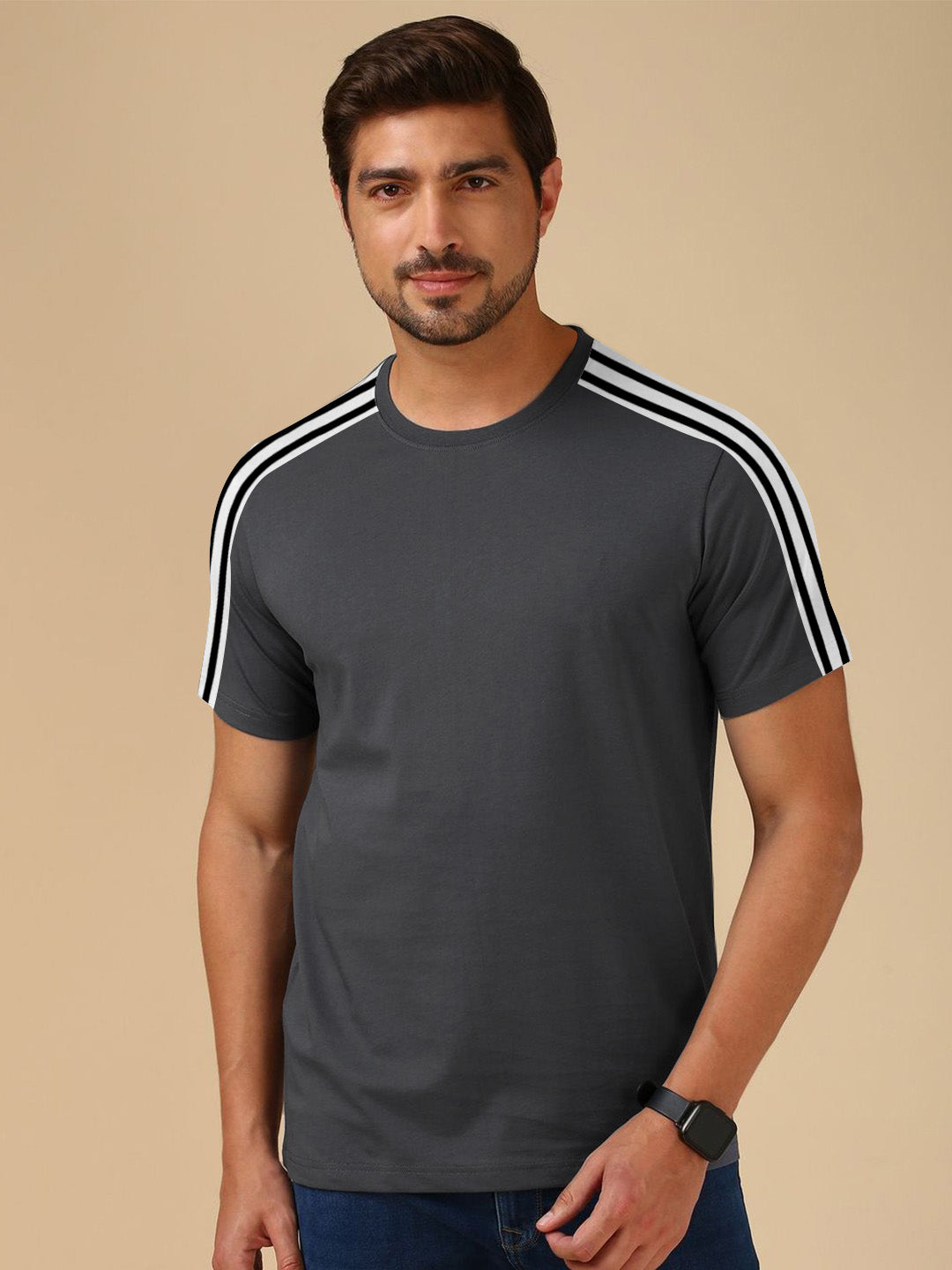 Summer Fashion T Shirt For Men-Grey with White & Black Stripe-BE3290/BR15728