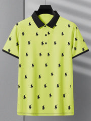 PRL Summer Polo Shirt For Men-Lime Green with Allover Print-BE682/BR12935