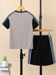 Summer T Shirt & Short Suit For Kids-Chalk Grey & Black with White,Navy Stripe-BE3310/BR15748