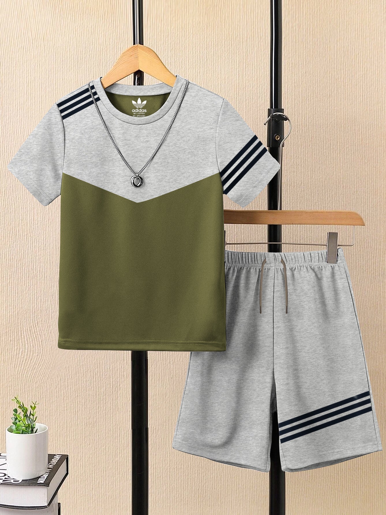 Summer T Shirt & Short Suit For Kids-Olive Green with Grey Melange & Navy Stripe-BE3305/BR15743