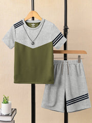 Summer T Shirt & Short Suit For Kids-Olive Green with Grey Melange & Navy Stripe-BE3305/BR15743