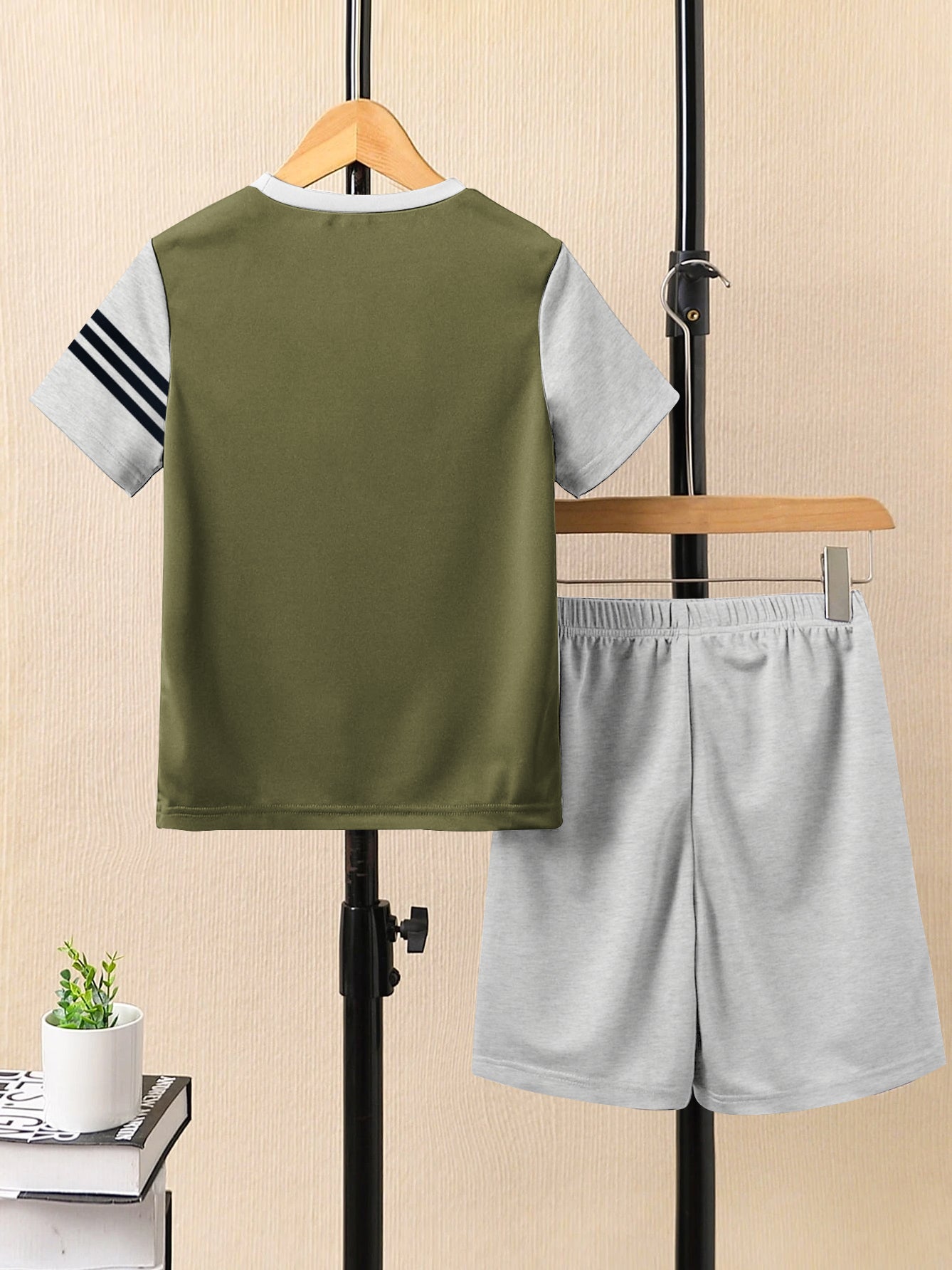 Summer T Shirt & Short Suit For Kids-Olive Green with Grey Melange & Navy Stripe-BE3305/BR15743