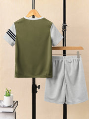 Summer T Shirt & Short Suit For Kids-Olive Green with Grey Melange & Navy Stripe-BE3305/BR15743