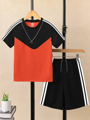 Summer T Shirt & Short Suit For Kids-Orange with Black & White,Navy Stripe-BE3308/BR15746