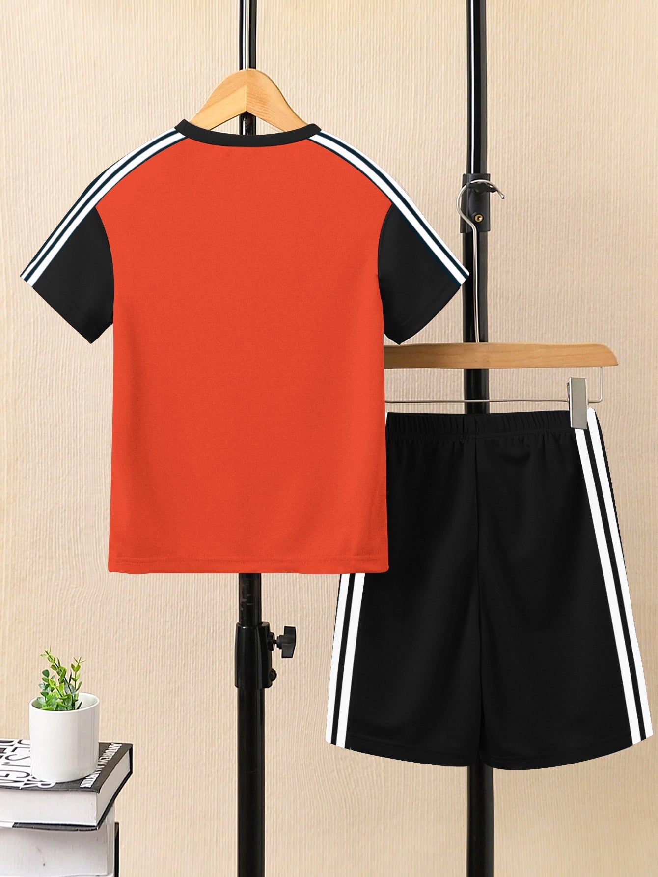 Summer T Shirt & Short Suit For Kids-Orange with Black & White,Navy Stripe-BE3308/BR15746