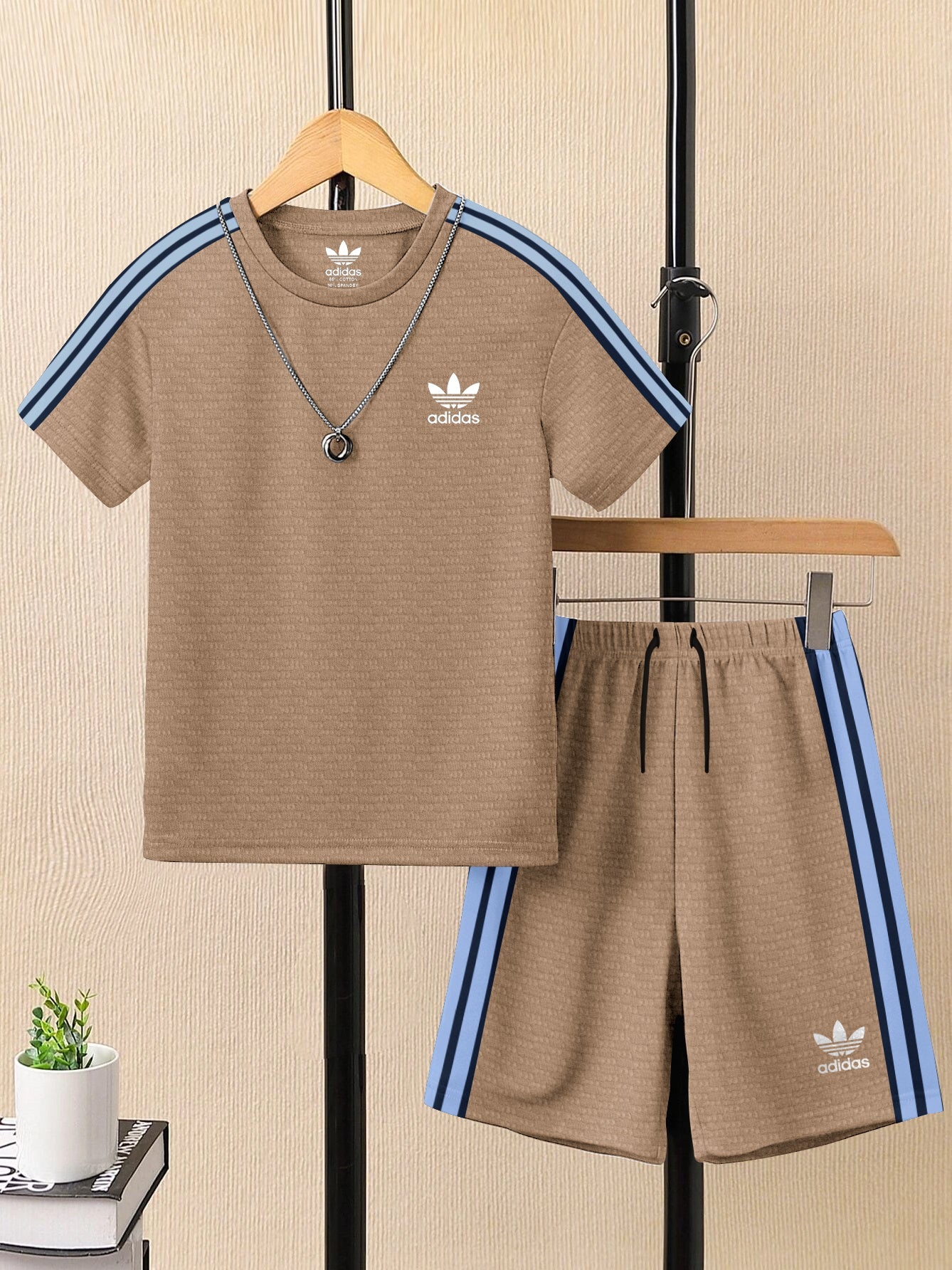Summer T Shirt & Short Suit For Kids-Skin with Texture & Navy, Sky Stripe-BE3307/BR15745