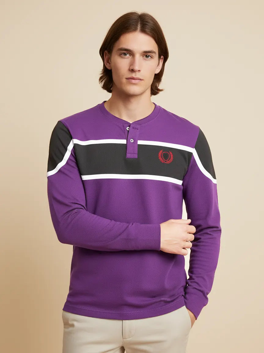 Louis Vicaci P.Q Long Sleeve Henley Shirt For Men-Purple with Dark Grey-PN01