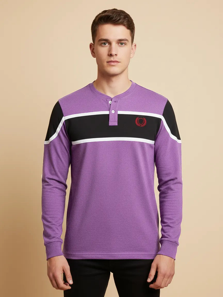 Louis Vicaci P.Q Long Sleeve Henley Shirt For Men-Light Purple Melange With Dark Grey-PN02