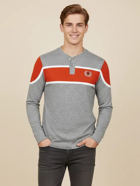 Louis Vicaci P.Q Long Sleeve Henley Shirt For Men-Light Grey Melange With Orange-PN03