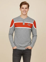 Louis Vicaci P.Q Long Sleeve Henley Shirt For Men-Light Grey Melange With Orange-PN03