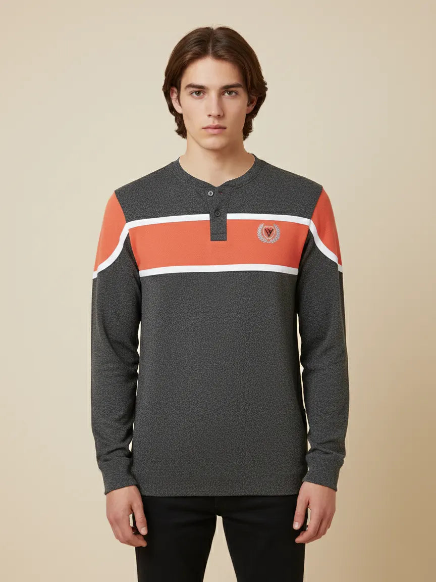 Louis Vicaci P.Q Long Sleeve Henley Shirt For Men-Charcoal Melange With Light Orange-PN04