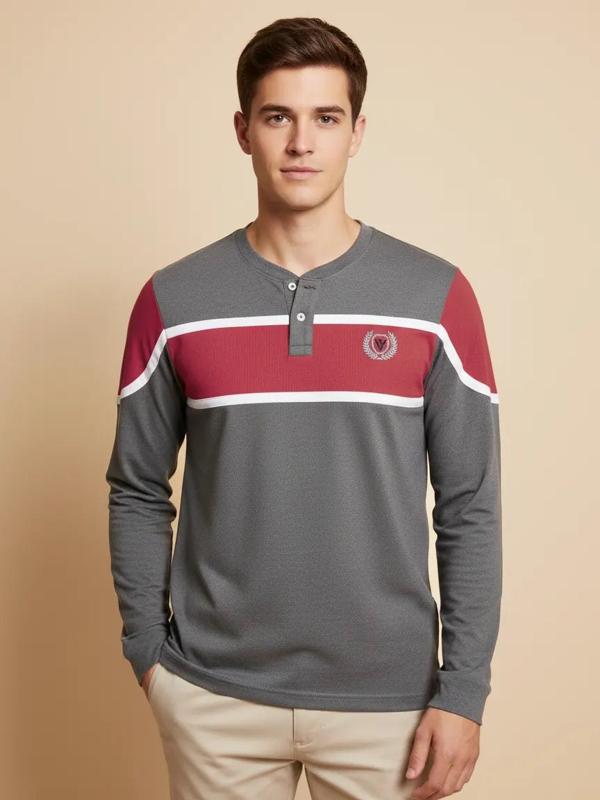 Louis Vicaci P.Q Long Sleeve Henley Shirt For Men-Light Grey With Light Pink-PN05