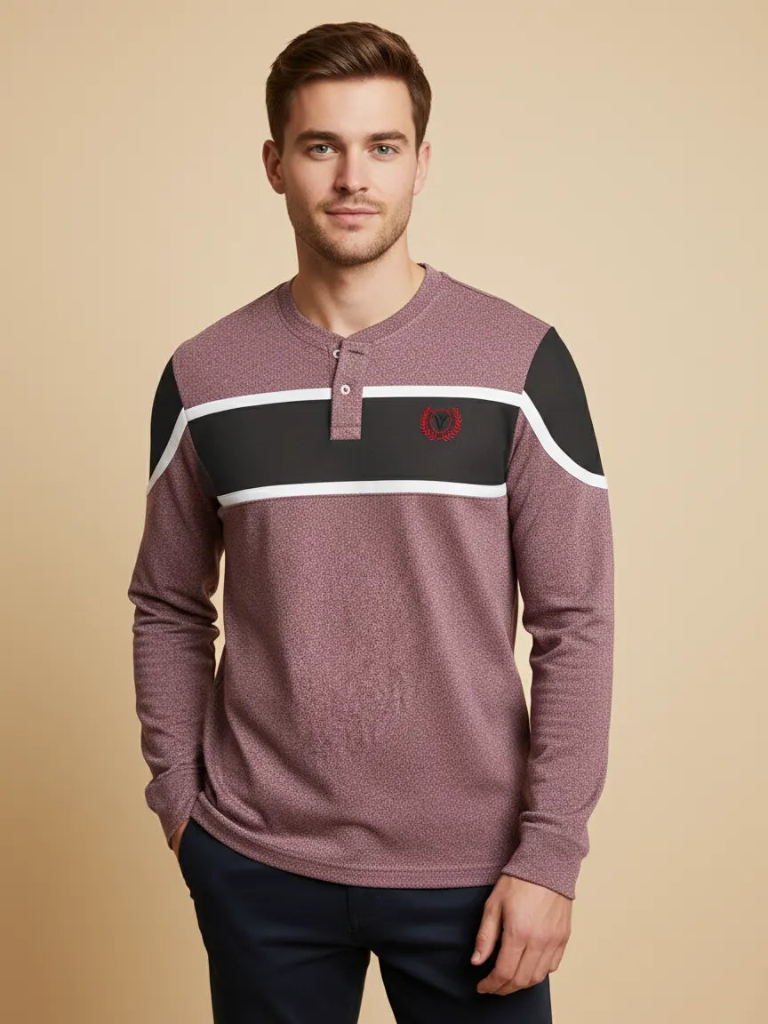 Louis Vicaci P.Q Long Sleeve Henley Shirt For Men-Light Red Melange With Dark Grey-PN06
