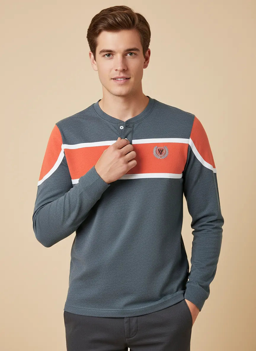 Louis Vicaci P.Q Long Sleeve Henley Shirt For Men-Slate Blue With Light Orange-PN07