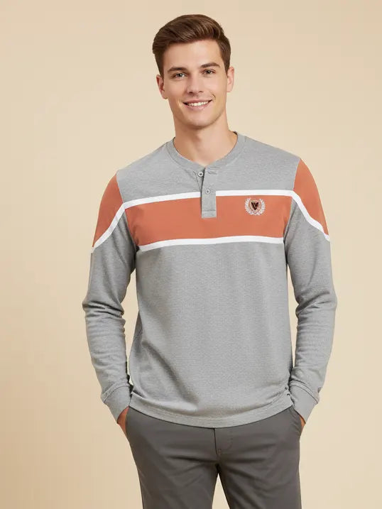 Louis Vicaci P.Q Long Sleeve Henley Shirt For Men-Light Grey With Light Orange-PN09