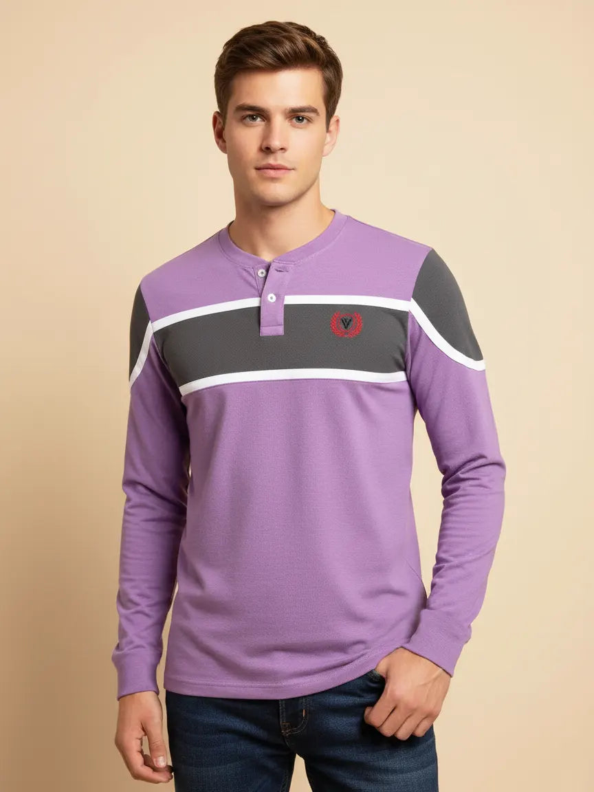 Louis Vicaci P.Q Long Sleeve Henley Shirt For Men-Light Purple With Charcoal Melange-PN10