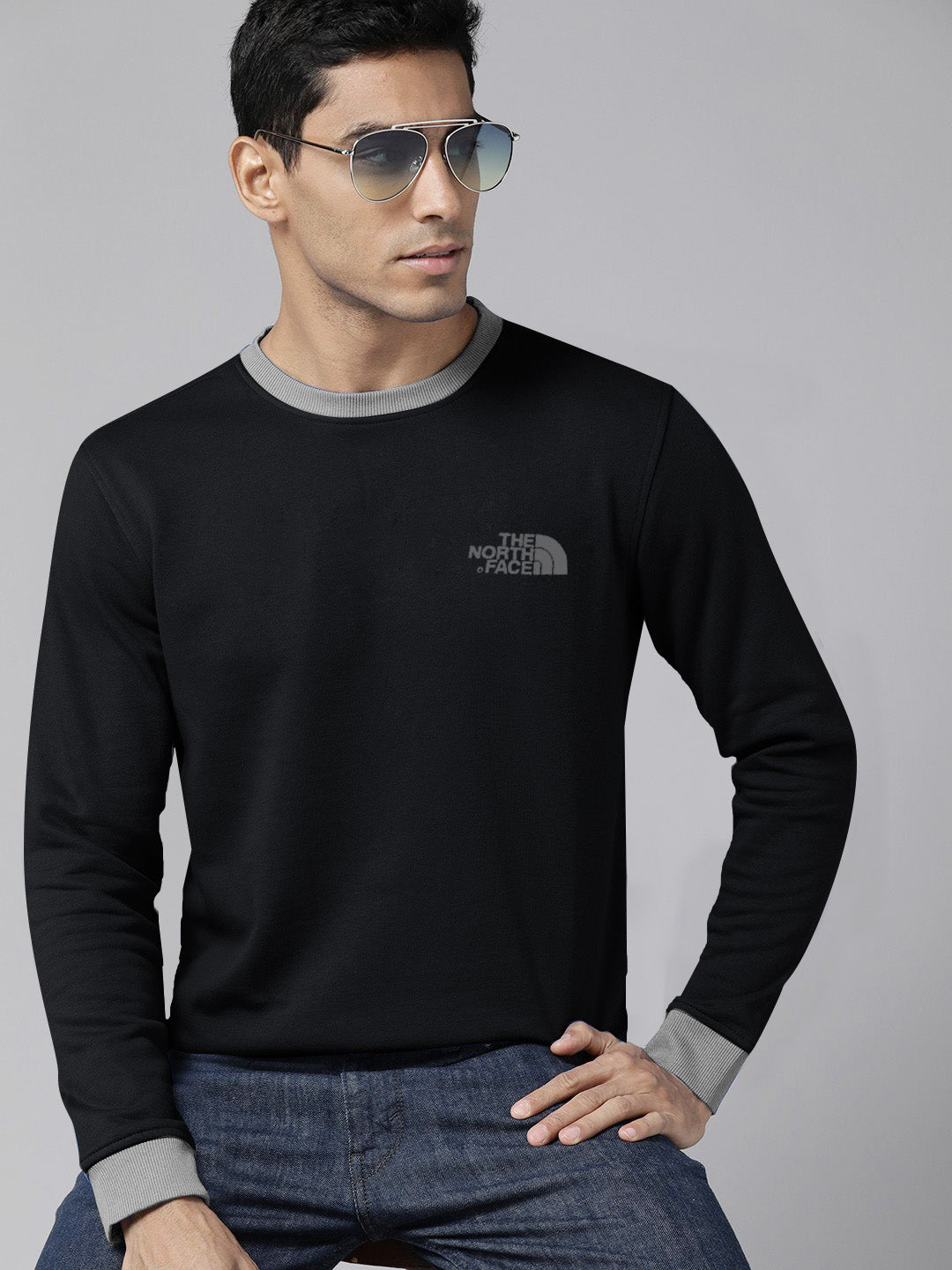 TNF Fleece Funky Style Sweatshirt For Men-Black with Grey-BE2395