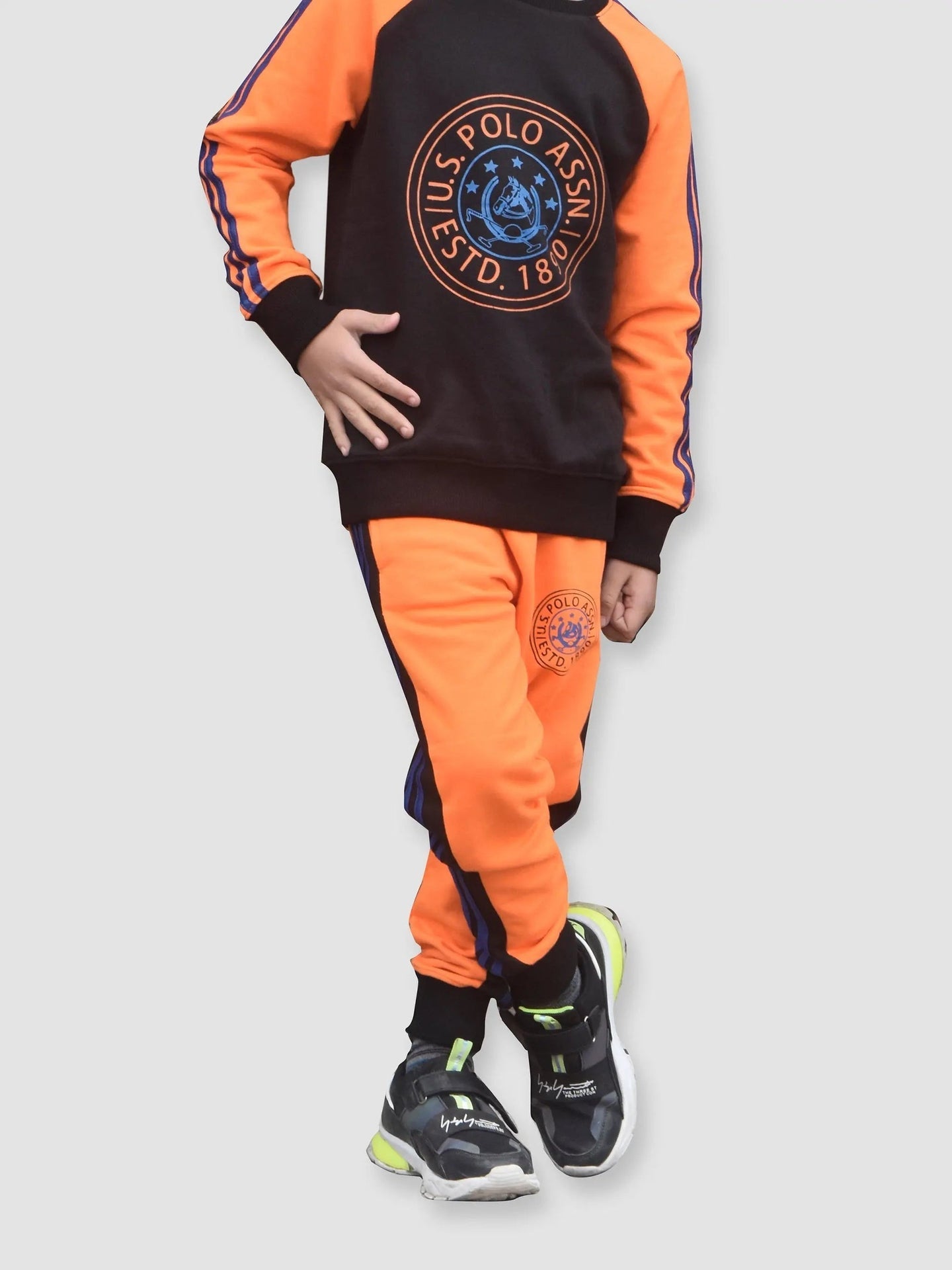 U.S Polo.Assn Fleece Tracksuit For Kids-Black & Orange-BE99/BR916