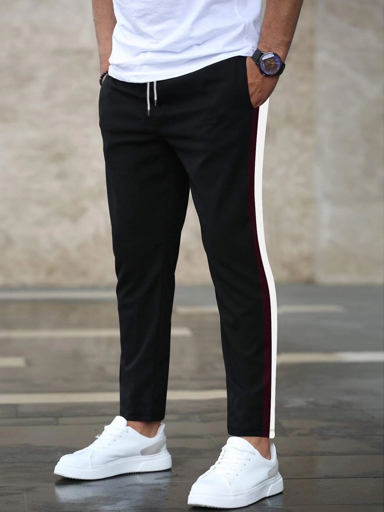 Louis Vicaci Slim Fit Active Wear Trouser Pent For Men-Black with Maroon & White Stripe-BR693