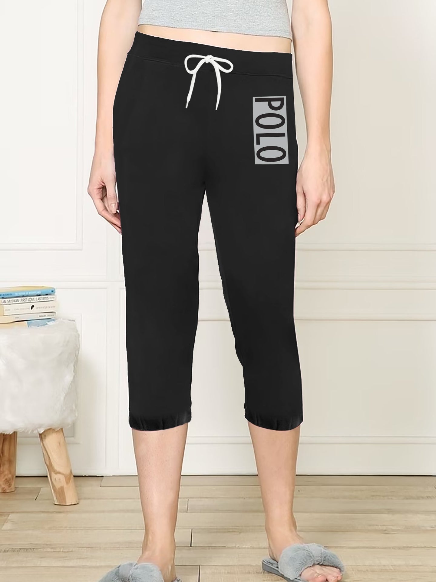 NYC Polo Fleece Gathering Bottom Capri For Ladies-Black-SP1999