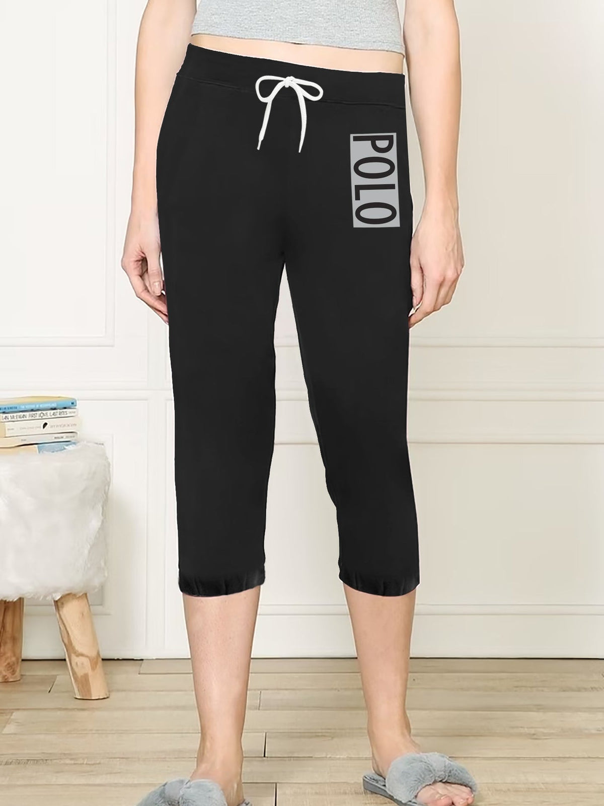 NYC Polo Fleece Gathering Bottom Capri For Ladies-Black-SP1999