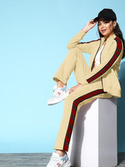 Louis Vicaci Fleece Zipper Tracksuit For Ladies-Cream with Black & Red Stripe-BR1113