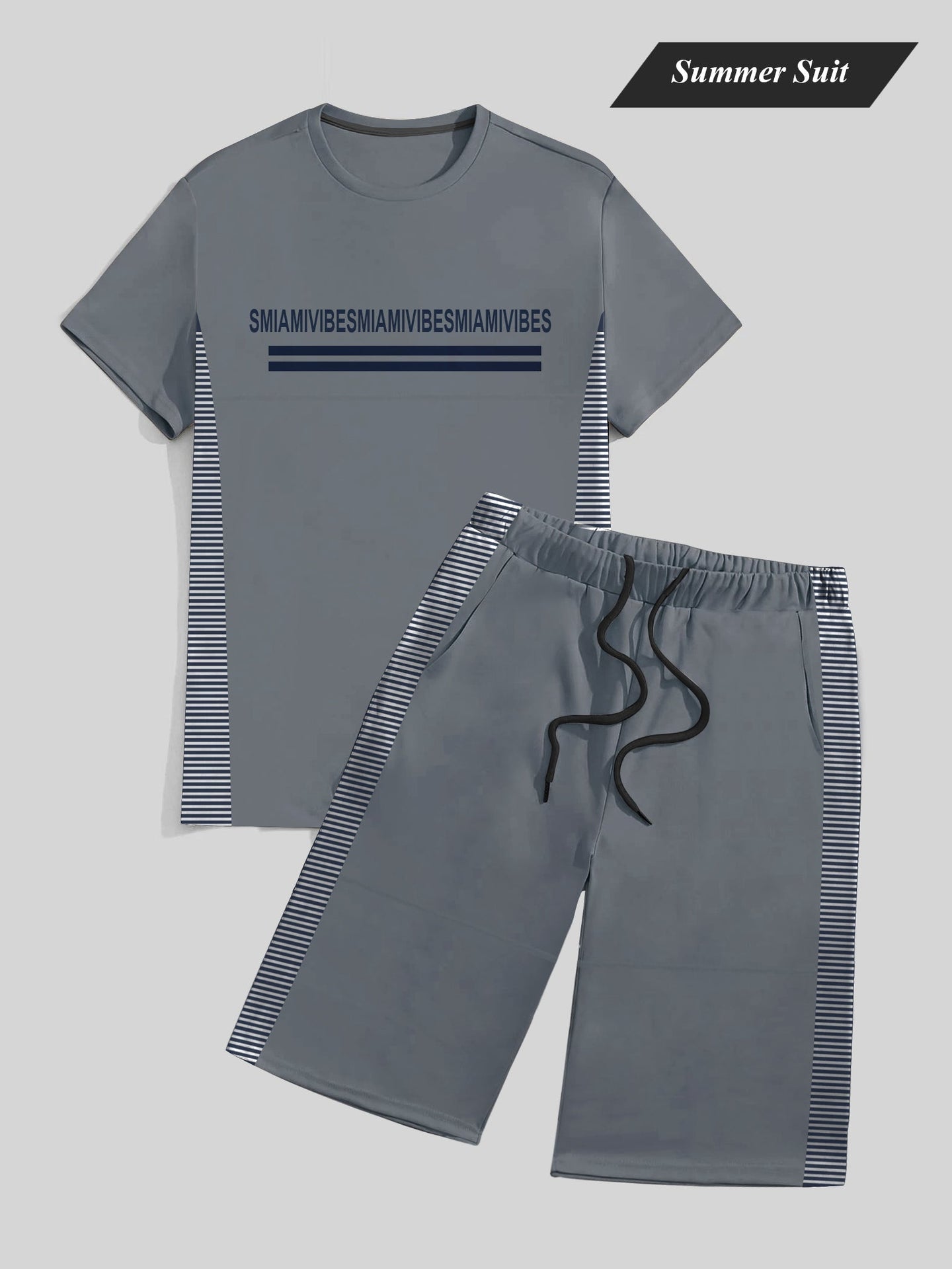 Summer Fashion T-Shirt & Lounge Short Suit For Men-Slate Blue with Navy & White Panel-BR613