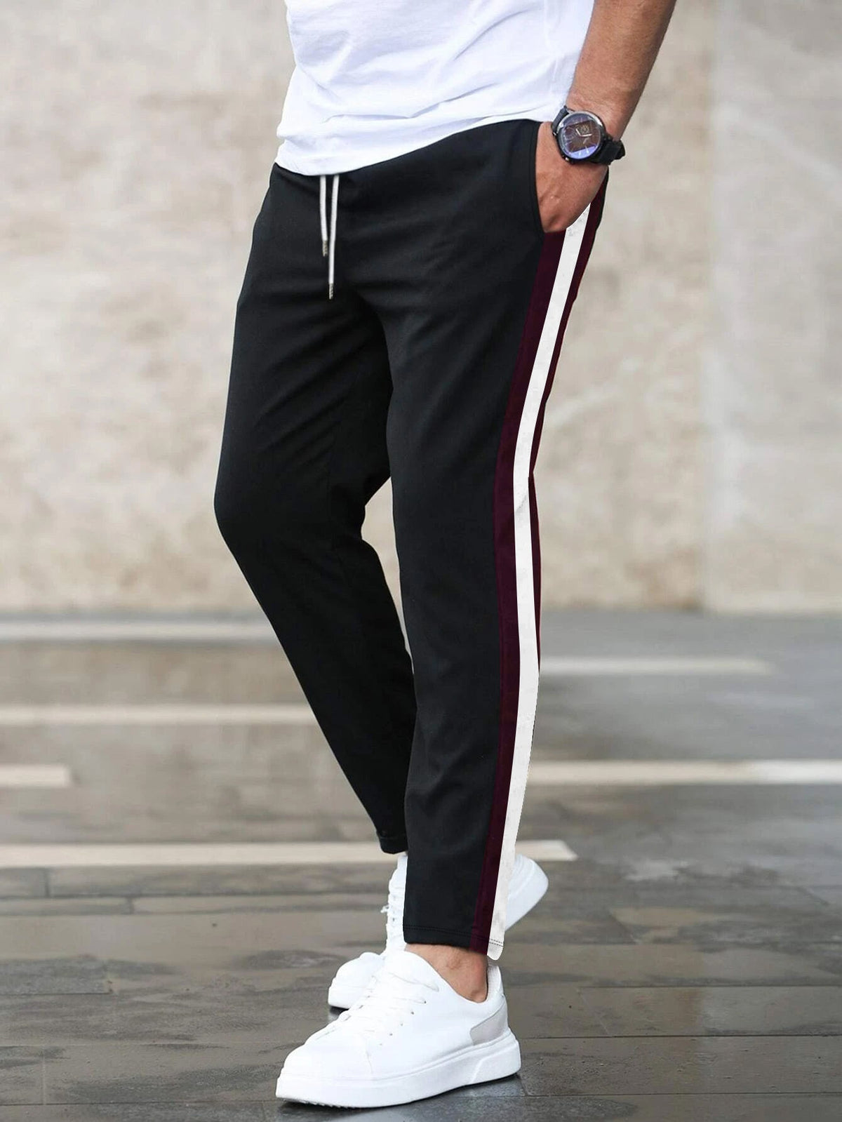 Louis Vicaci Slim Fit Active Wear Trouser Pent For Men-Black with Maroon & White Stripe-BR693