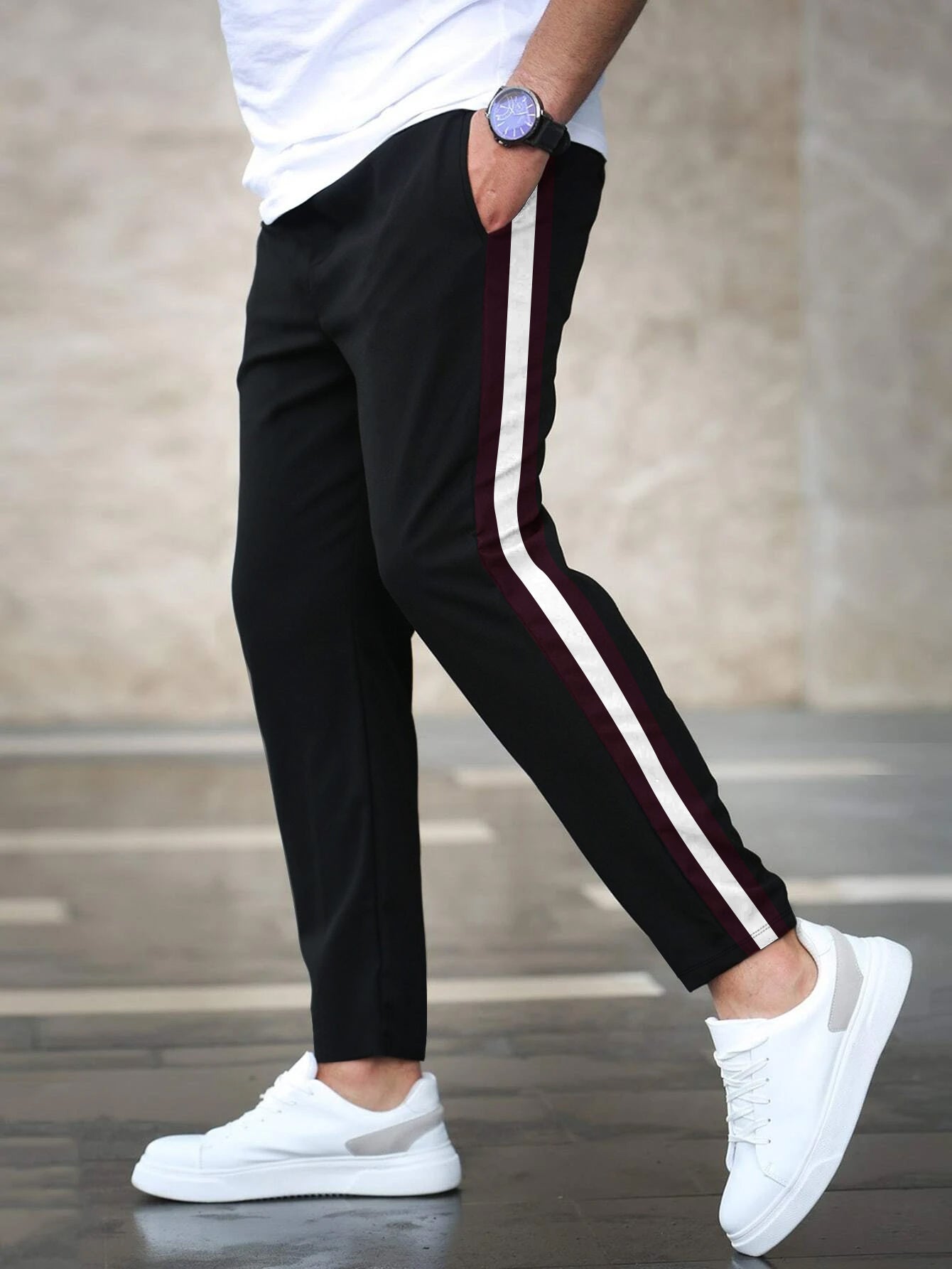 Louis Vicaci Slim Fit Active Wear Trouser Pent For Men-Black with Maroon & White Stripe-BR693