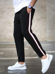 Louis Vicaci Slim Fit Active Wear Trouser Pent For Men-Black with Maroon & White Stripe-BR693
