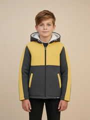 Mango Stylish Inner Fur Zipper Hoodie For Kids-Yellow Melange & Charcoal Melange-BE135/BR944