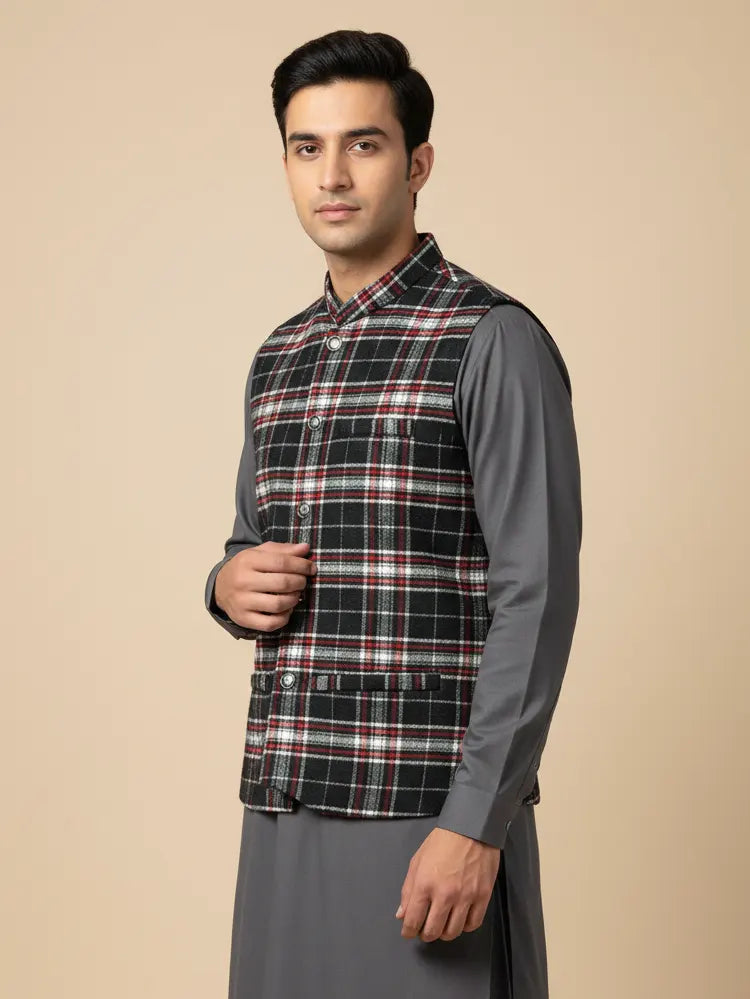 Men’s Premium Checkered Wool Waistcoat Black-WC04