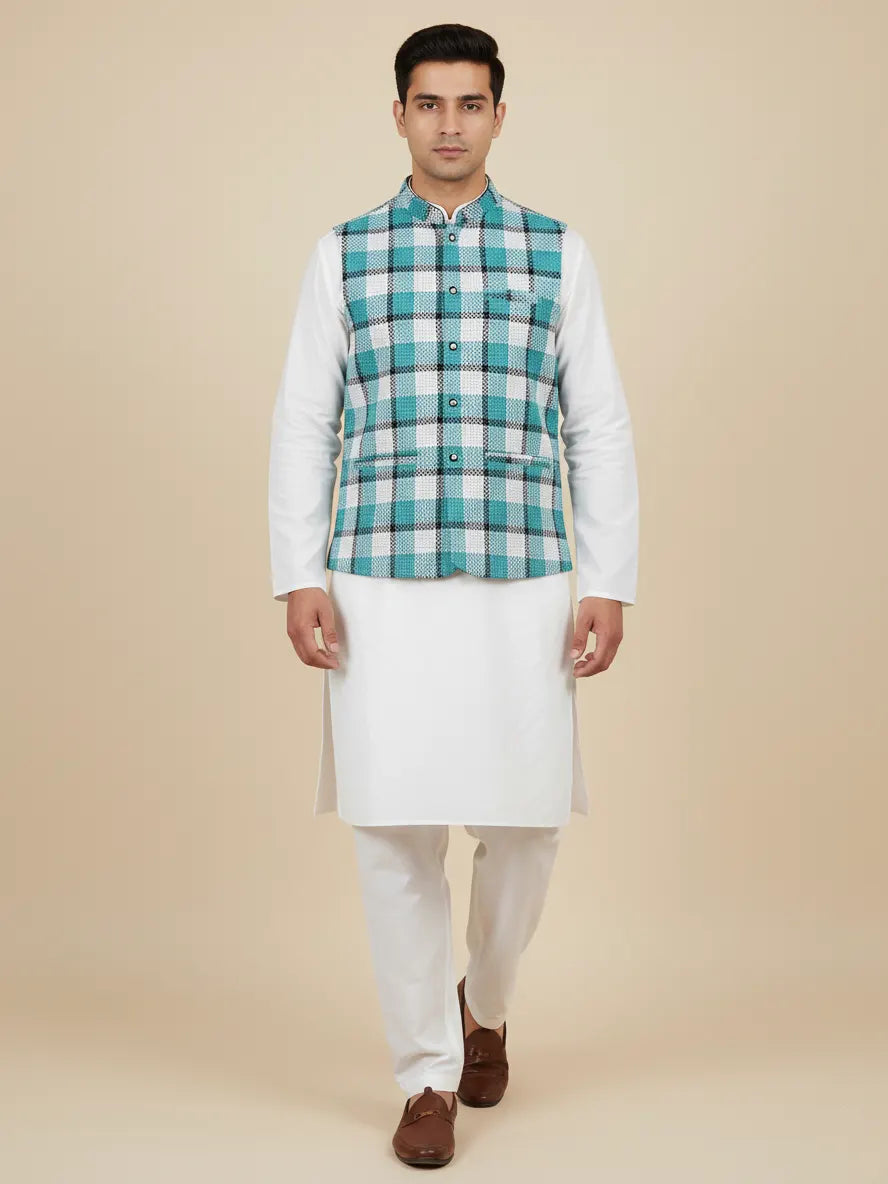 Men’s Premium Checkered Tweed Waistcoat Blue & White-WC02