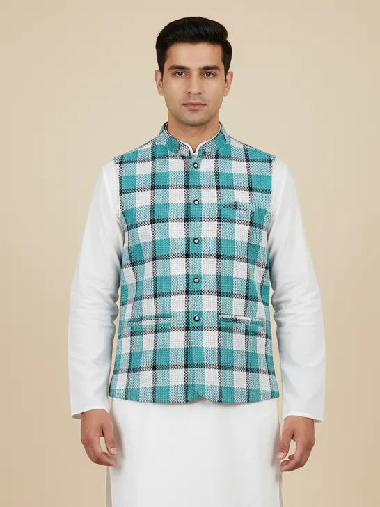 Men’s Premium Checkered Tweed Waistcoat Blue & White-WC02