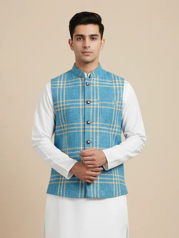Men’s Premium Checkered Tweed Waistcoat Blue-WC03