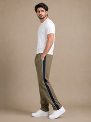 Stylish Regular Fit Summer Trouser For Men-Olive With Navy Stripers-A05