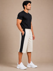 Stylish Knee Length Short For Men-Cream With Navy Stripe-A13