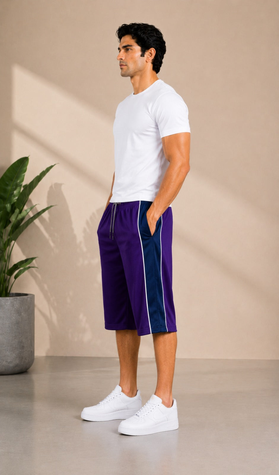 Stylish Knee Length Short For Men- Purple With Navy Stripe-A16
