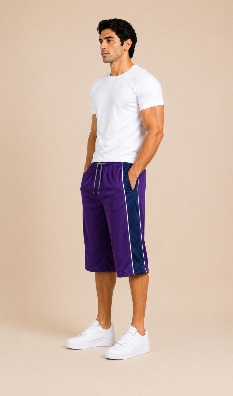 Stylish Knee Length Short For Men- Purple With Navy Stripe-A16