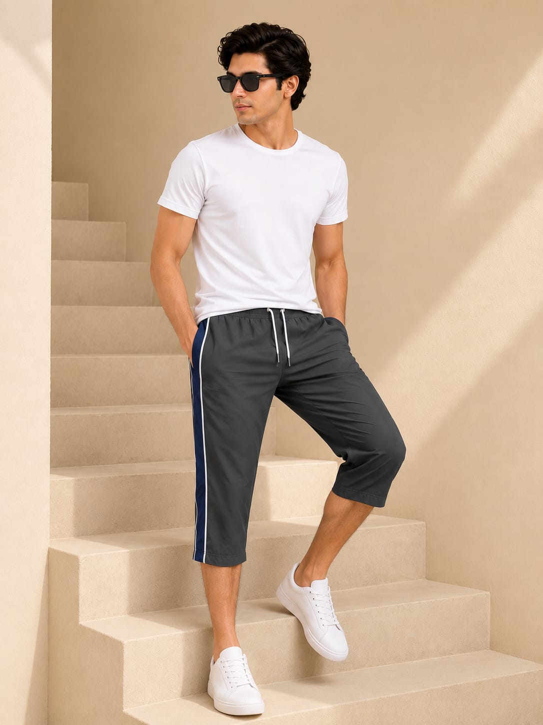 Stylish Knee Length Short For Men-Slate Gray With Navy Stripe-A18